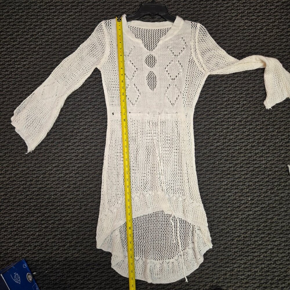Womens One Size White Crochet Knit Fishnet Boho Beach Coverup Dress Mini Flare - Picture 6 of 7
